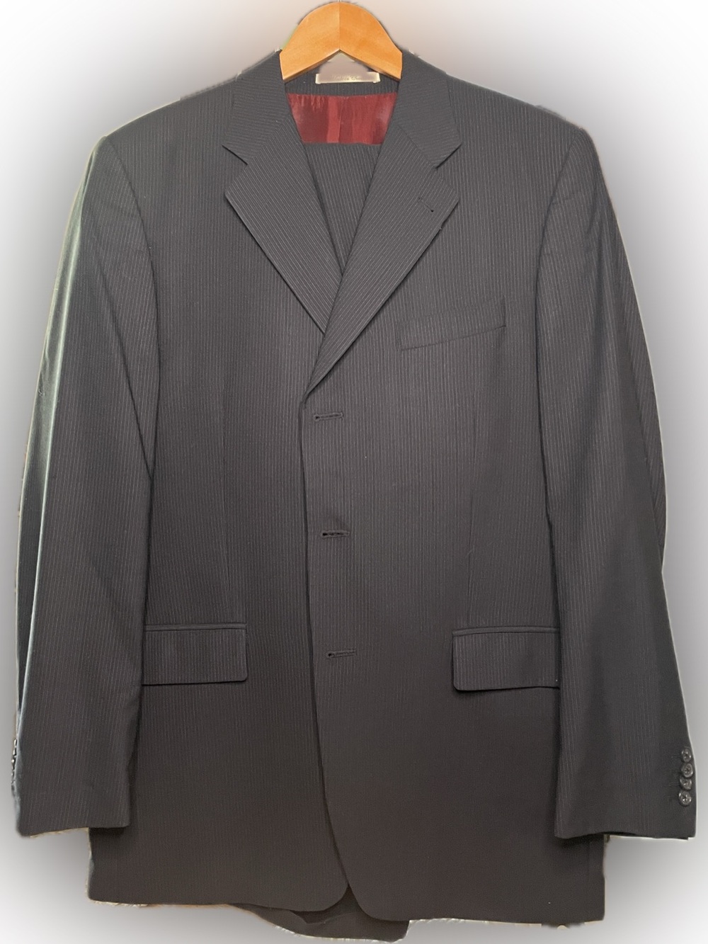 Men's Classic Black Pinstripe Full Suit - Vintage Couture 100% Virgin Wool